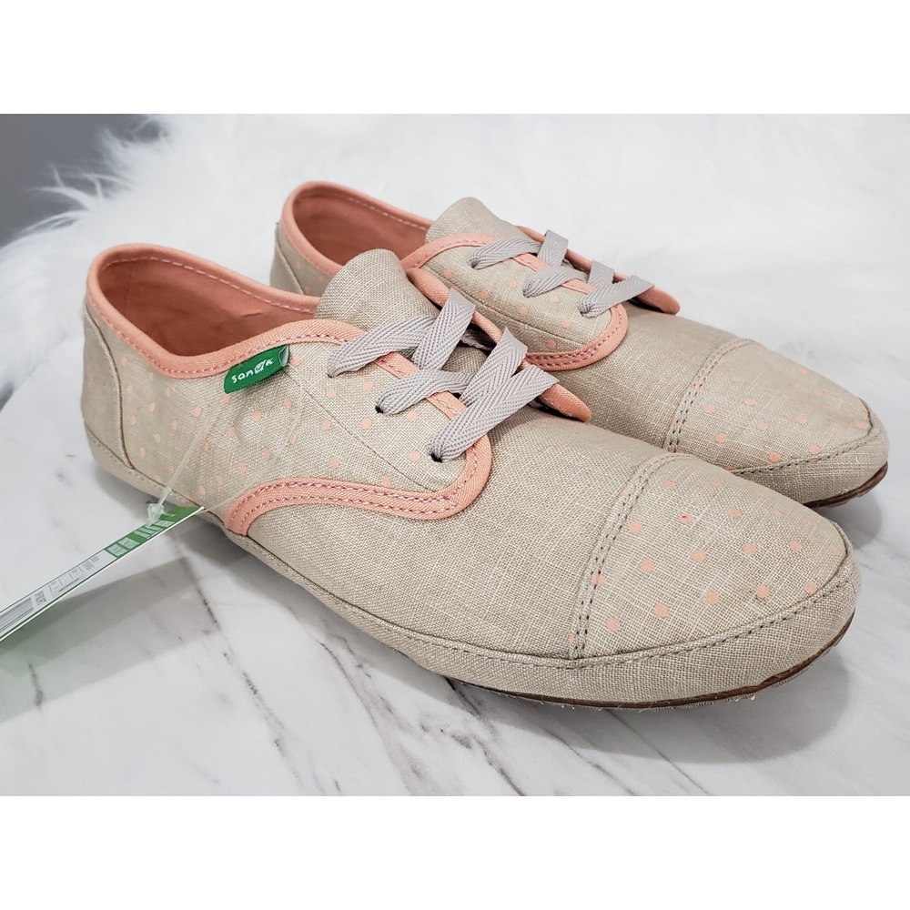 Sanuk Sock Hop Beige Pink Polka Dot Womens Sneakers SWF10602 Size 8 NEW
